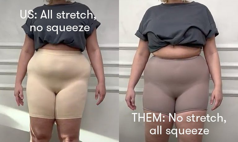 Two models in high-waist shapewear shorts; overlay reads ‘US: All stretch, no squeeze’ and ‘THEM: No stretch, all squeeze’