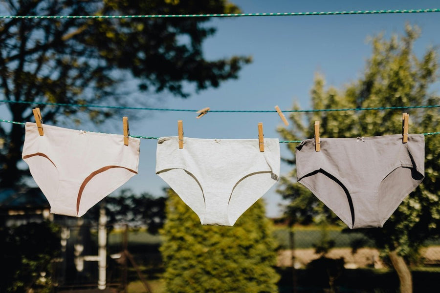 Three pairs of women’s underwear in pale pink, light gray, and taupe hanging on a clothesline in a sunny backyard