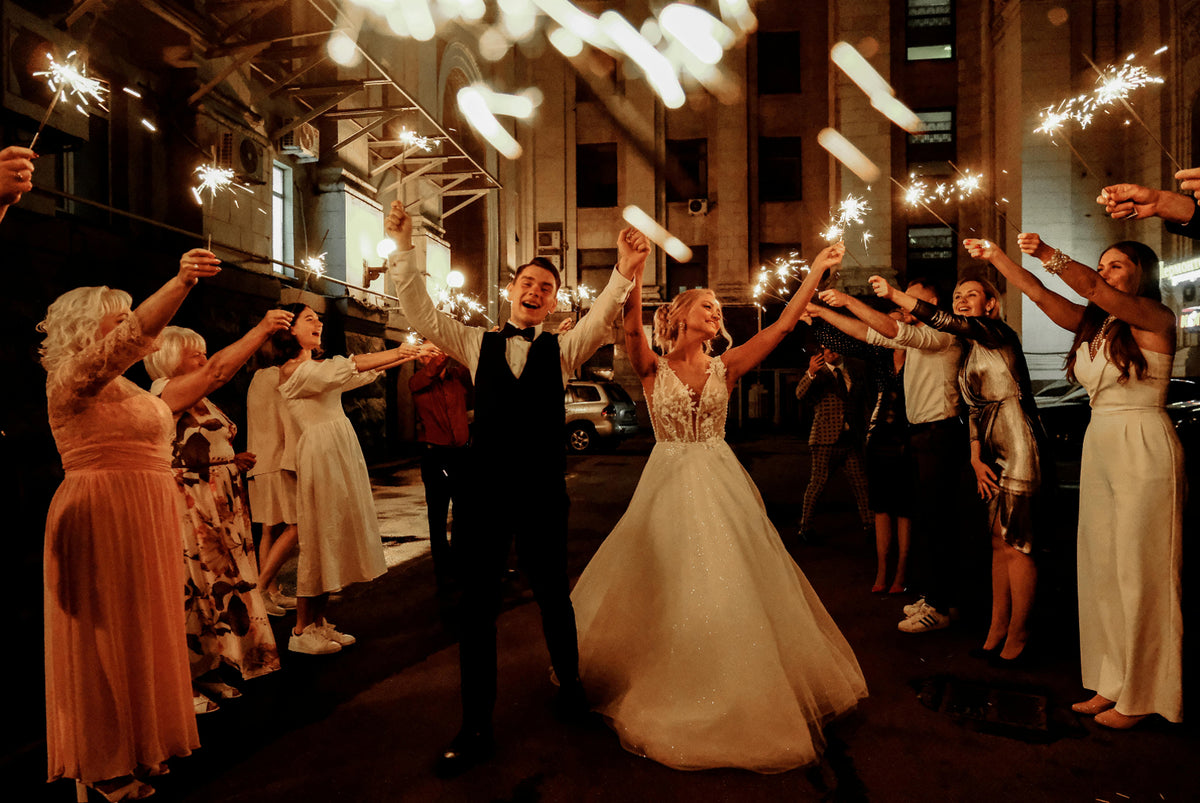 A bride and groom celebrating