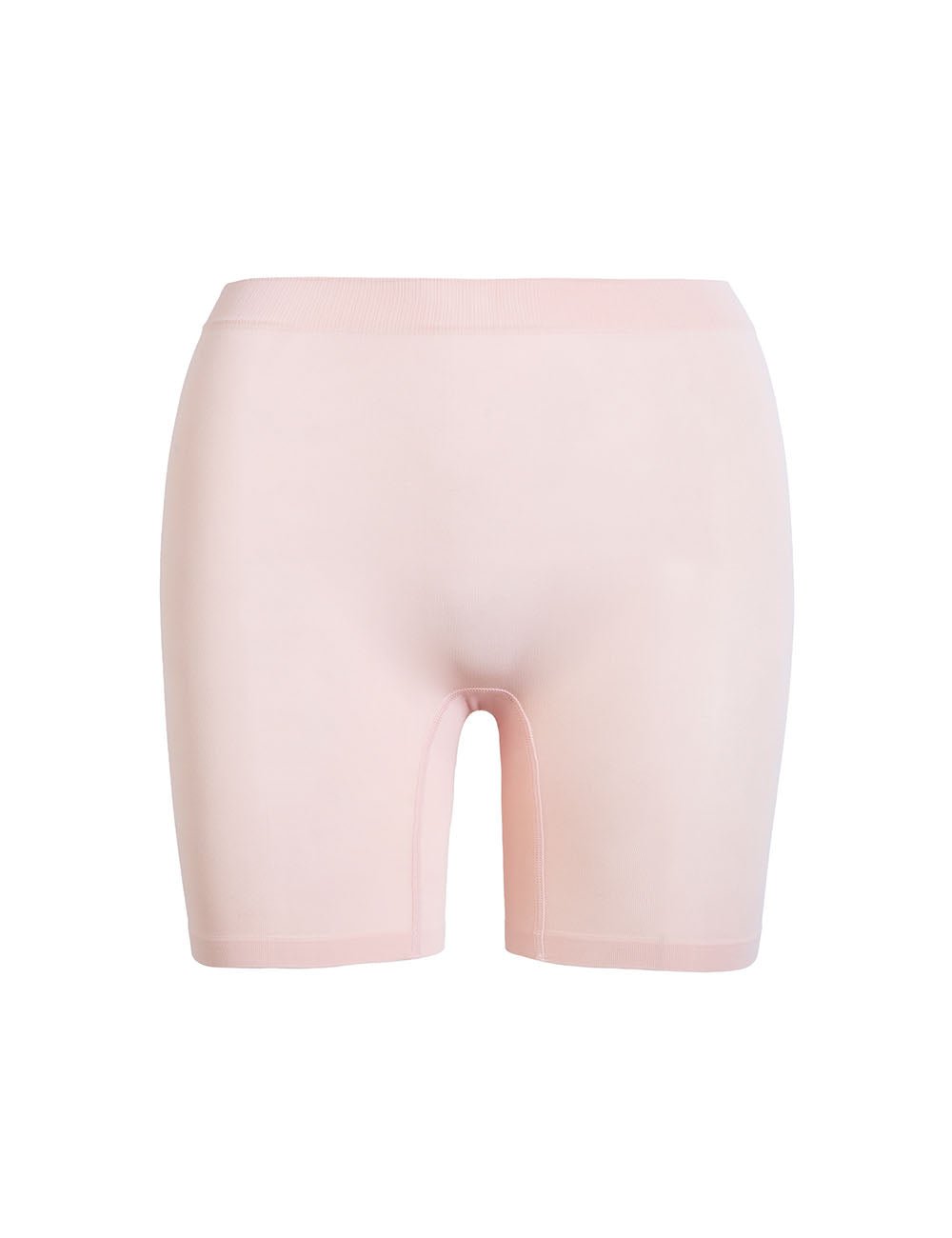 Front view of The Staple 5 inch Ballet shorts in ballet pink showcasing a smooth waistband and mid-thigh length on a white background