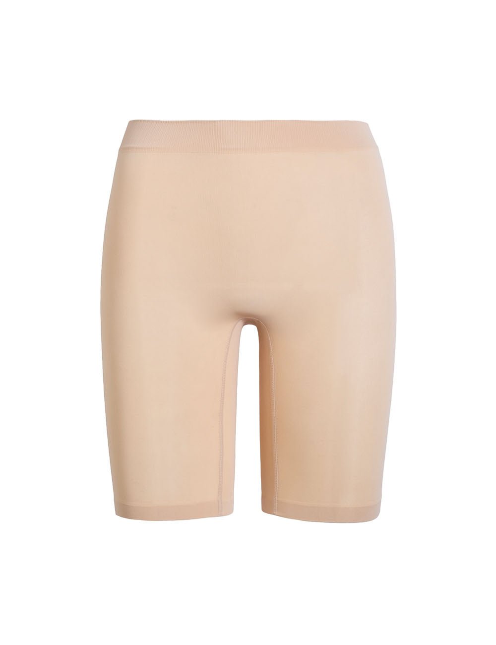 Front view of The Staple 9 inch beige anti-chafe shorts showcasing a high waistband and mid-thigh length on a white background