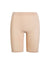 Front view of The Staple 9 inch beige anti-chafe shorts showcasing a high waistband and mid-thigh length on a white background