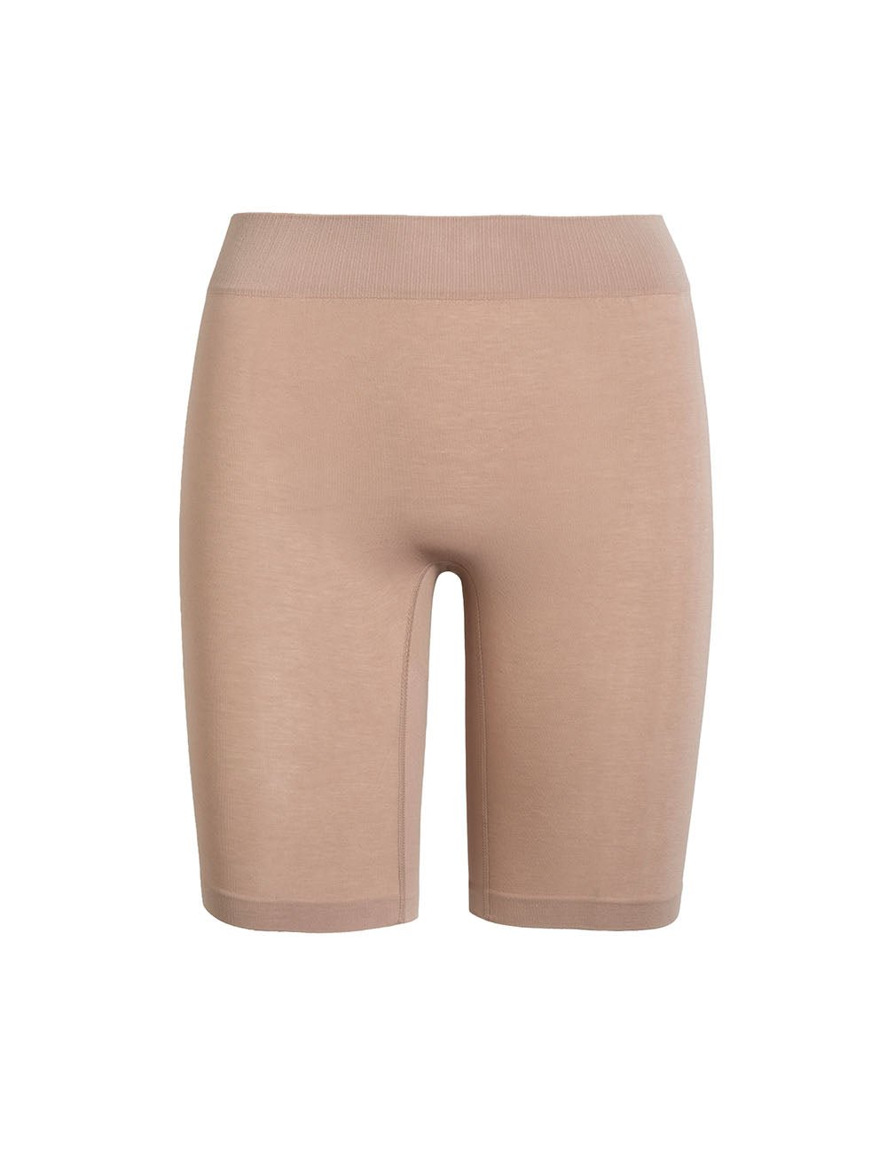 Front view of The Cotton 9-inch Almond anti-chafe shorts showcasing thigh-length coverage and a wide waistband on a white background