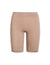 Front view of The Cotton 9-inch Almond anti-chafe shorts showcasing thigh-length coverage and a wide waistband on a white background