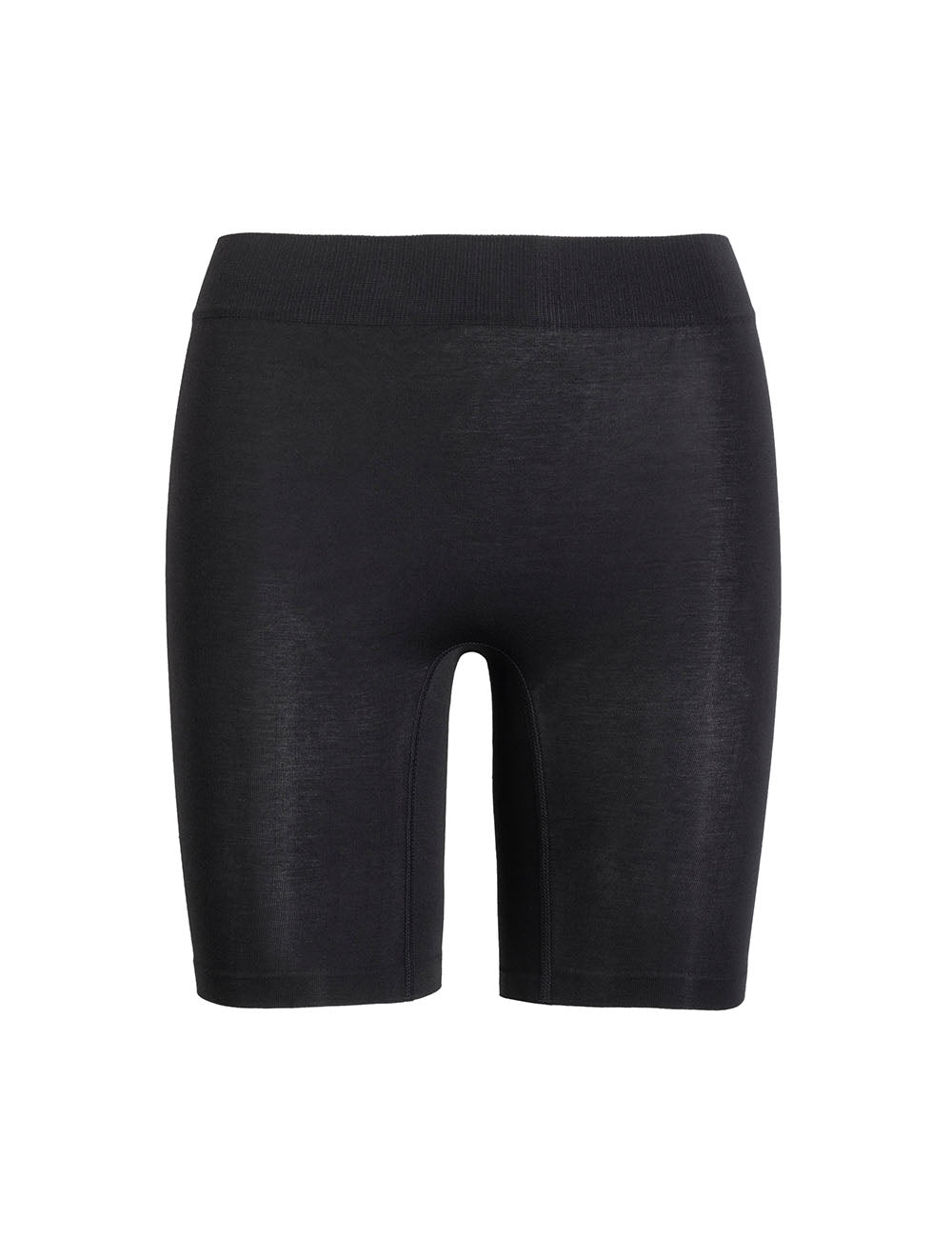 Front view of The Cotton seven inch black anti chafe shorts showcasing the wide waistband and mid thigh length against a white background
