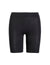 Front view of The Cotton seven inch black anti chafe shorts showcasing the wide waistband and mid thigh length against a white background