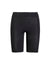 Front view of The Cotton 9 inch black shorts showcasing high rise waistband and mid thigh length with a white background