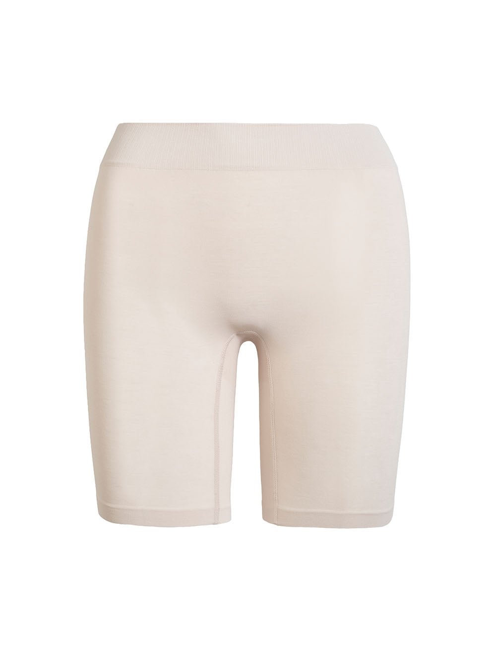 Front view of The Cotton 7-inch Bone slip shorts showcasing the high waistband and thigh-length coverage on a white background