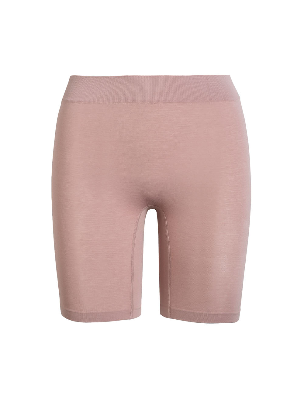 Front view of The Cotton 7-inch Sandstone anti-chafe shorts showcasing high-rise waistband and mid-thigh length on white background