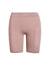 Front view of The Cotton 7-inch Sandstone anti-chafe shorts showcasing high-rise waistband and mid-thigh length on white background